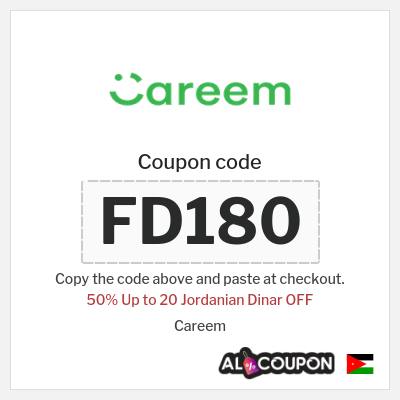Coupon for Careem (FD180) 50% Up to 20 Jordanian Dinar OFF