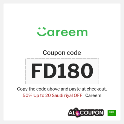 Coupon for Careem (FD180) 50% Up to 20 Saudi riyal OFF