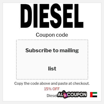 Coupon for Diesel (Subscribe to mailing list) 15% OFF