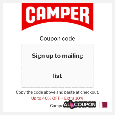 Coupon for Camper (Sign up to mailing list) Up to 40% OFF + Extra 10%