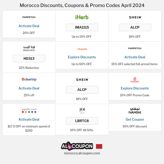 All Coupons and deals for Morocco stores