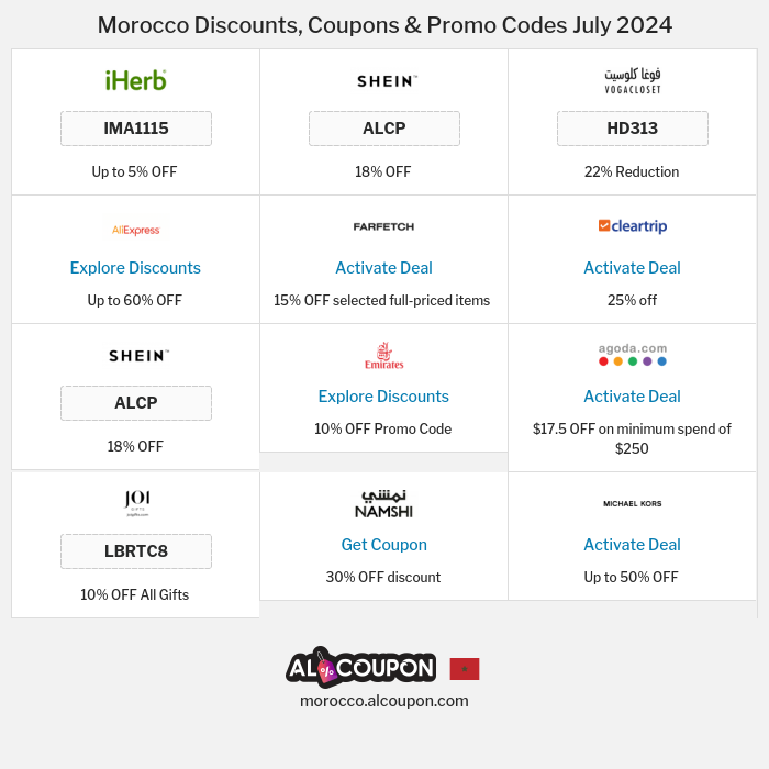 All Coupons and deals for Morocco stores