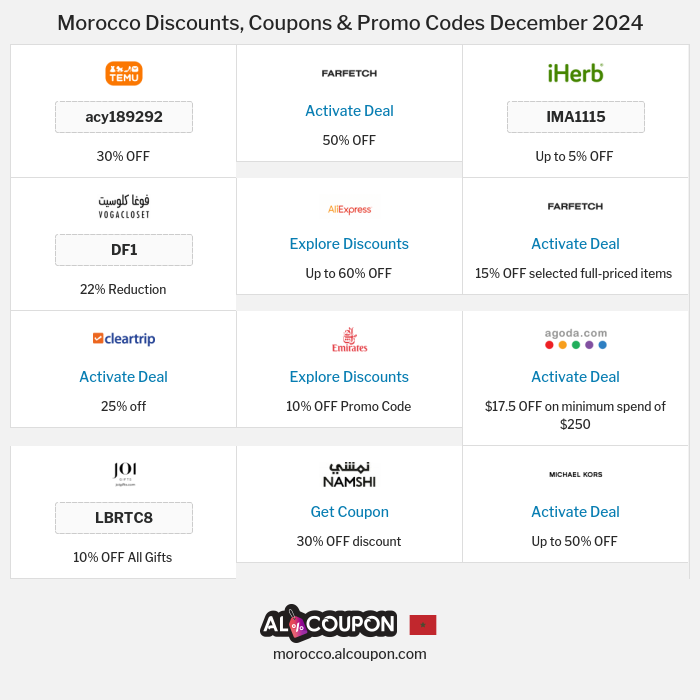 All Coupons and deals for Morocco stores