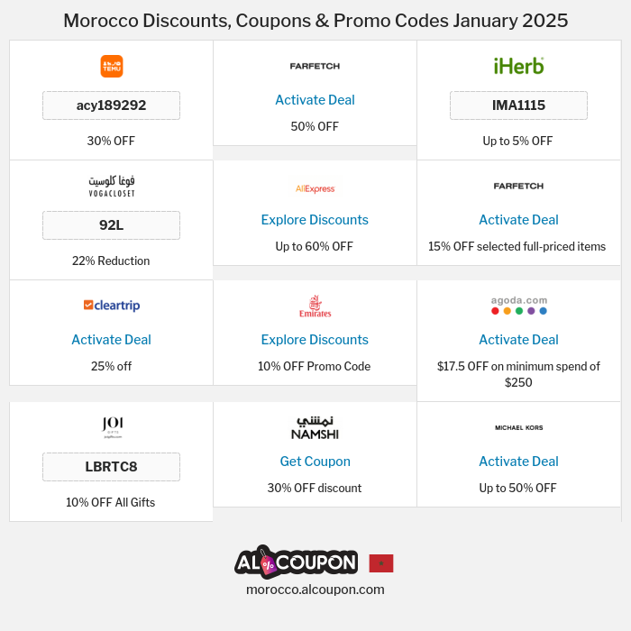 All Coupons and deals for Morocco stores