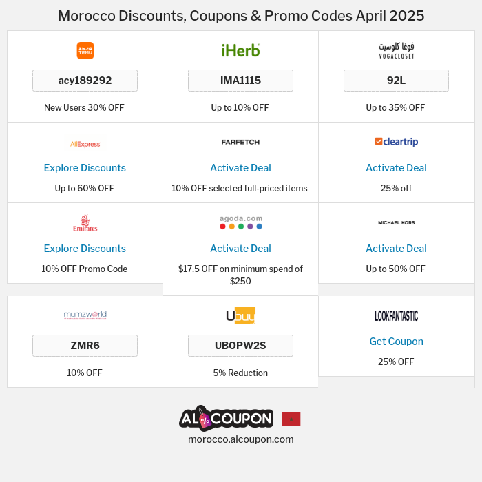 All Coupons and deals for Morocco stores