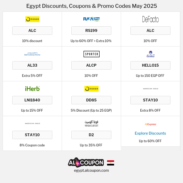 All Coupons and deals for Egypt stores
