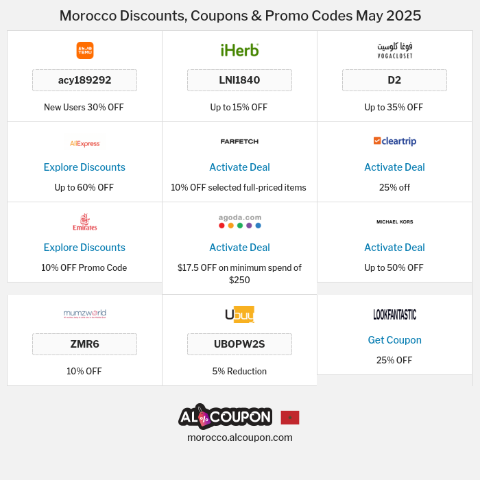 All Coupons and deals for Morocco stores