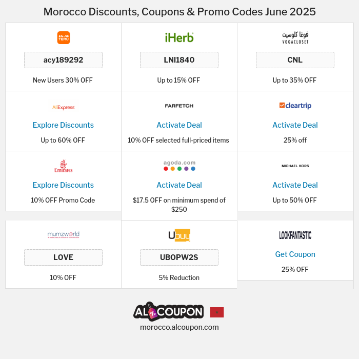All Coupons and deals for Morocco stores