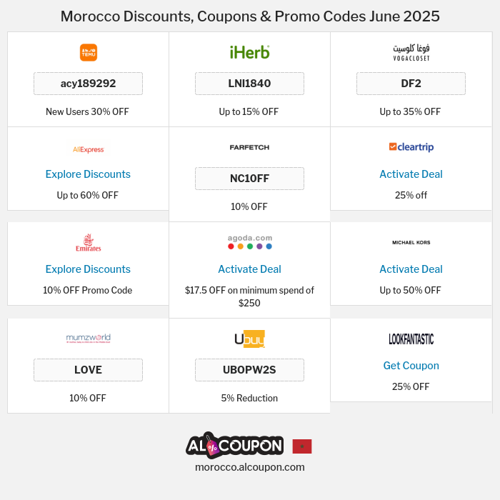 All Coupons and deals for Morocco stores