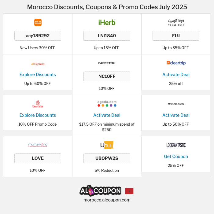 All Coupons and deals for Morocco stores