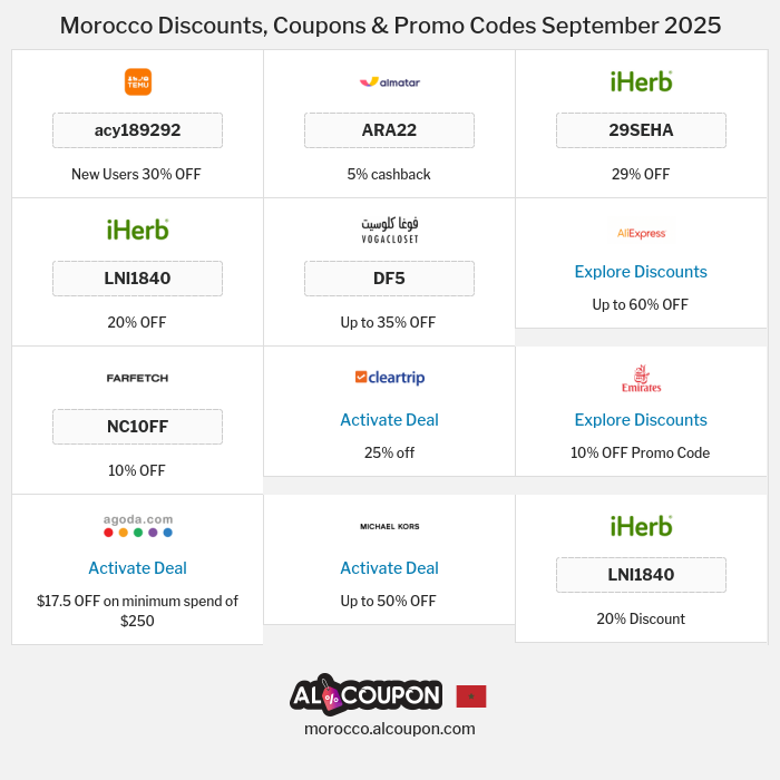 All Coupons and deals for Morocco stores