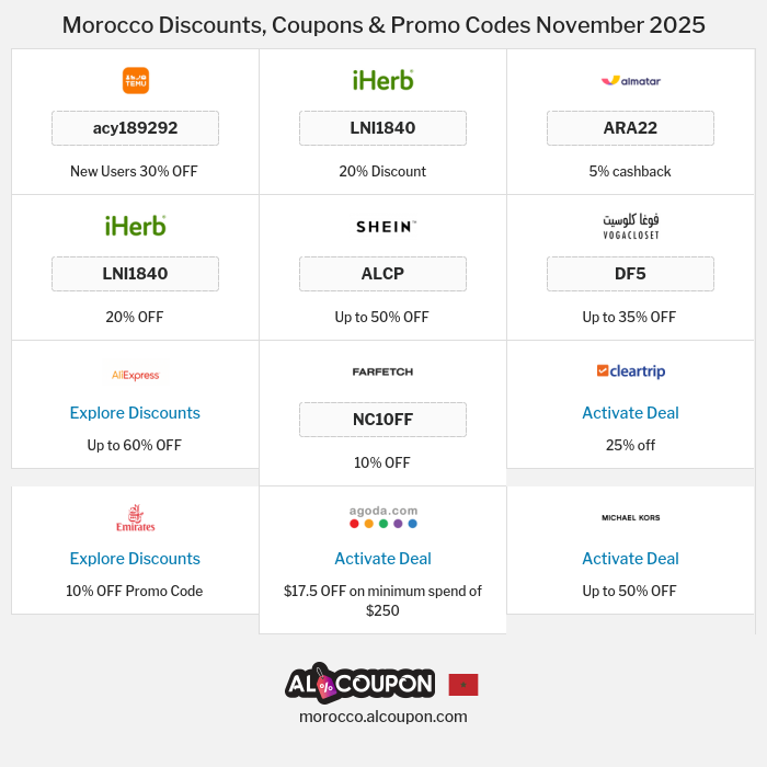 All Coupons and deals for Morocco stores
