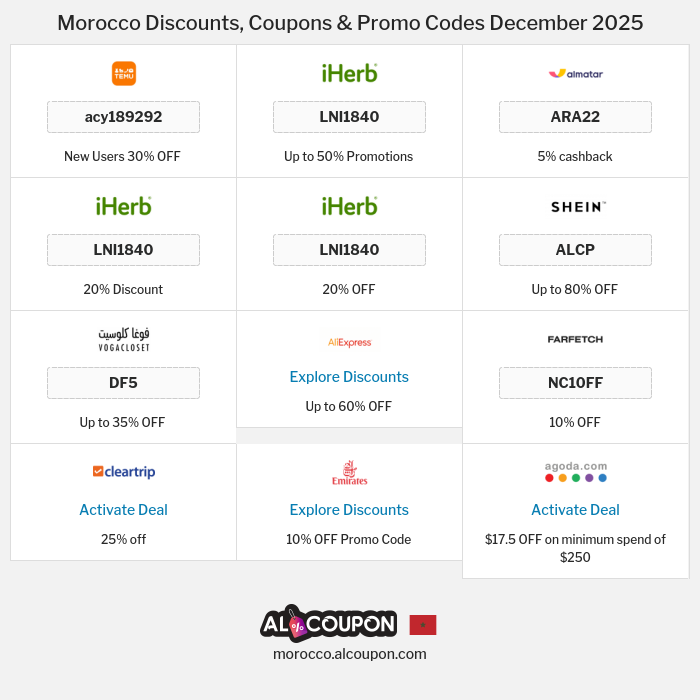 All Coupons and deals for Morocco stores
