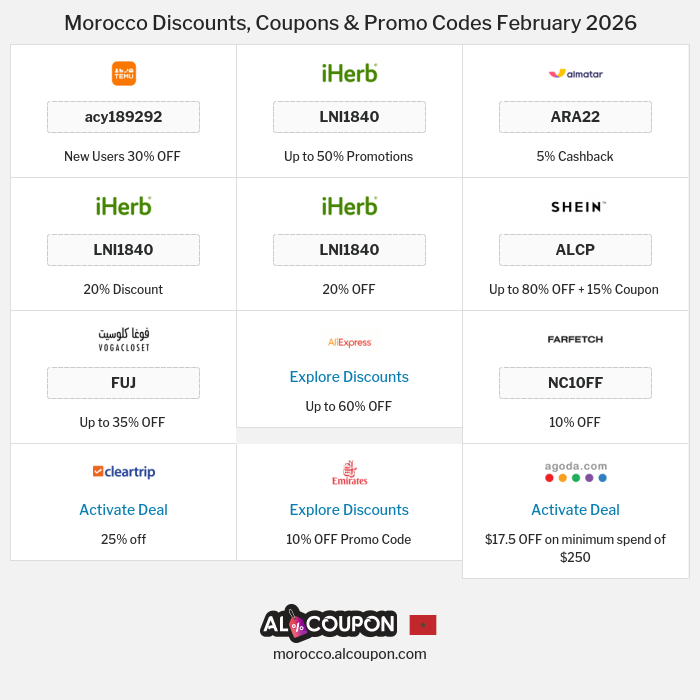 All Coupons and deals for Morocco stores