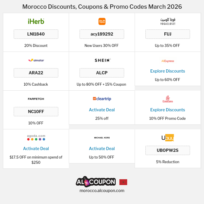 All Coupons and deals for Morocco stores