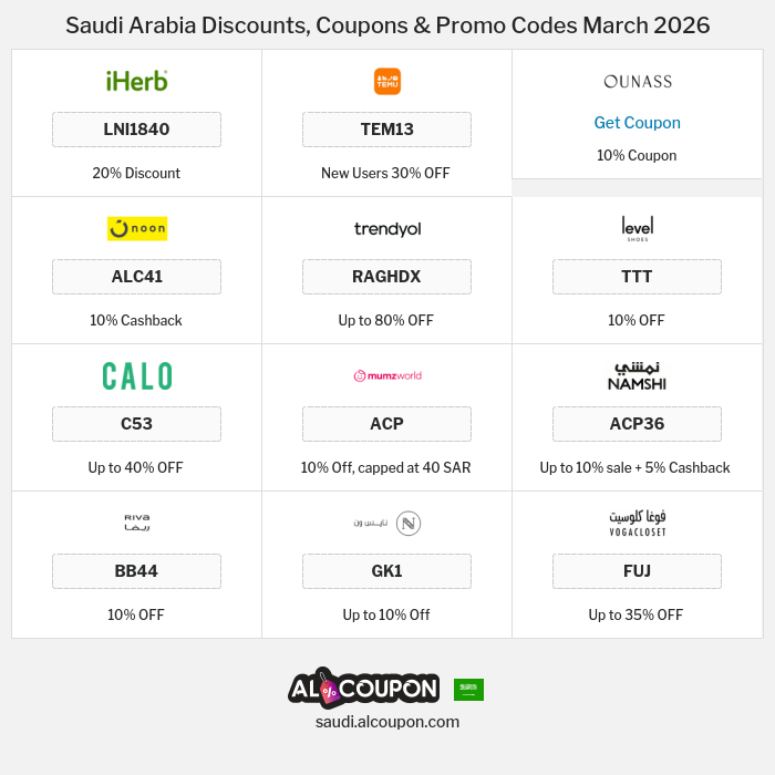 All Coupons and deals for Saudi Arabia stores