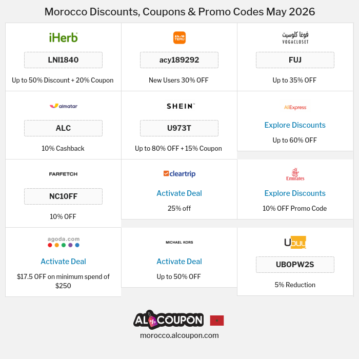 All Coupons and deals for Morocco stores