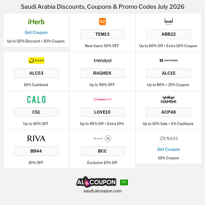 All Coupons and deals for Saudi Arabia stores