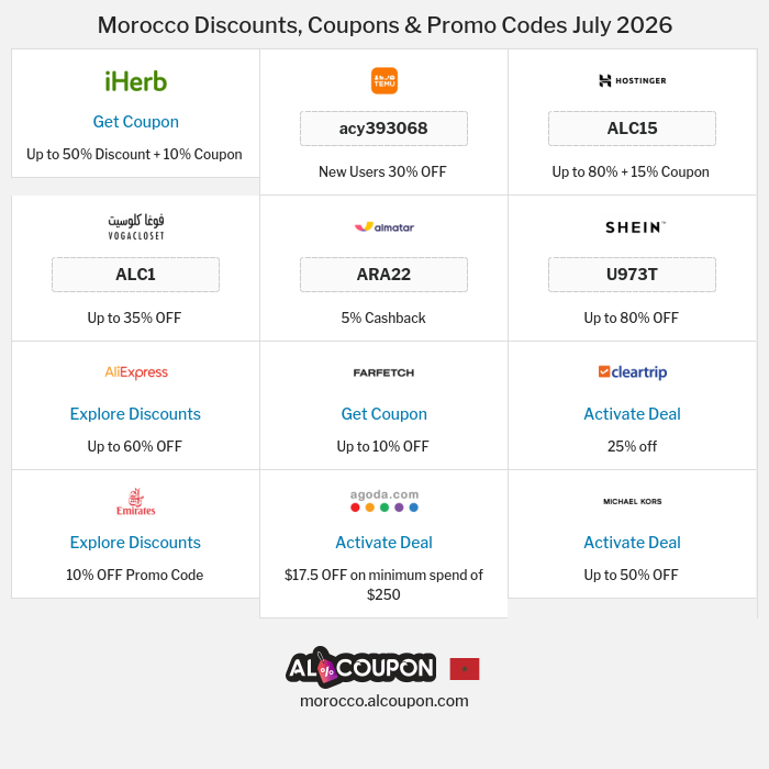 All Coupons and deals for Morocco stores