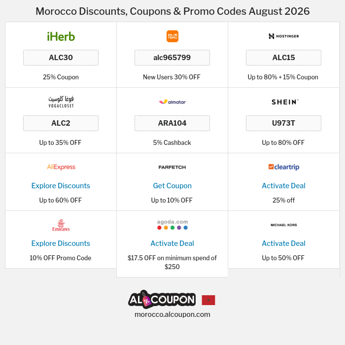 All Coupons and deals for Morocco stores