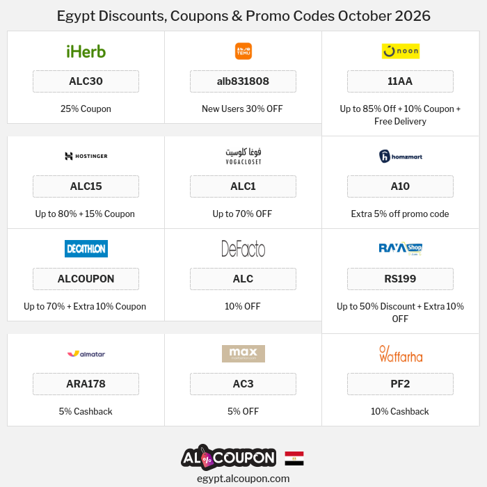 All Coupons and deals for Egypt stores