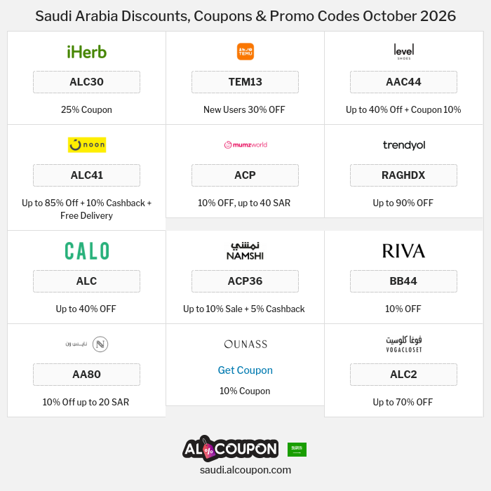 All Coupons and deals for Saudi Arabia stores
